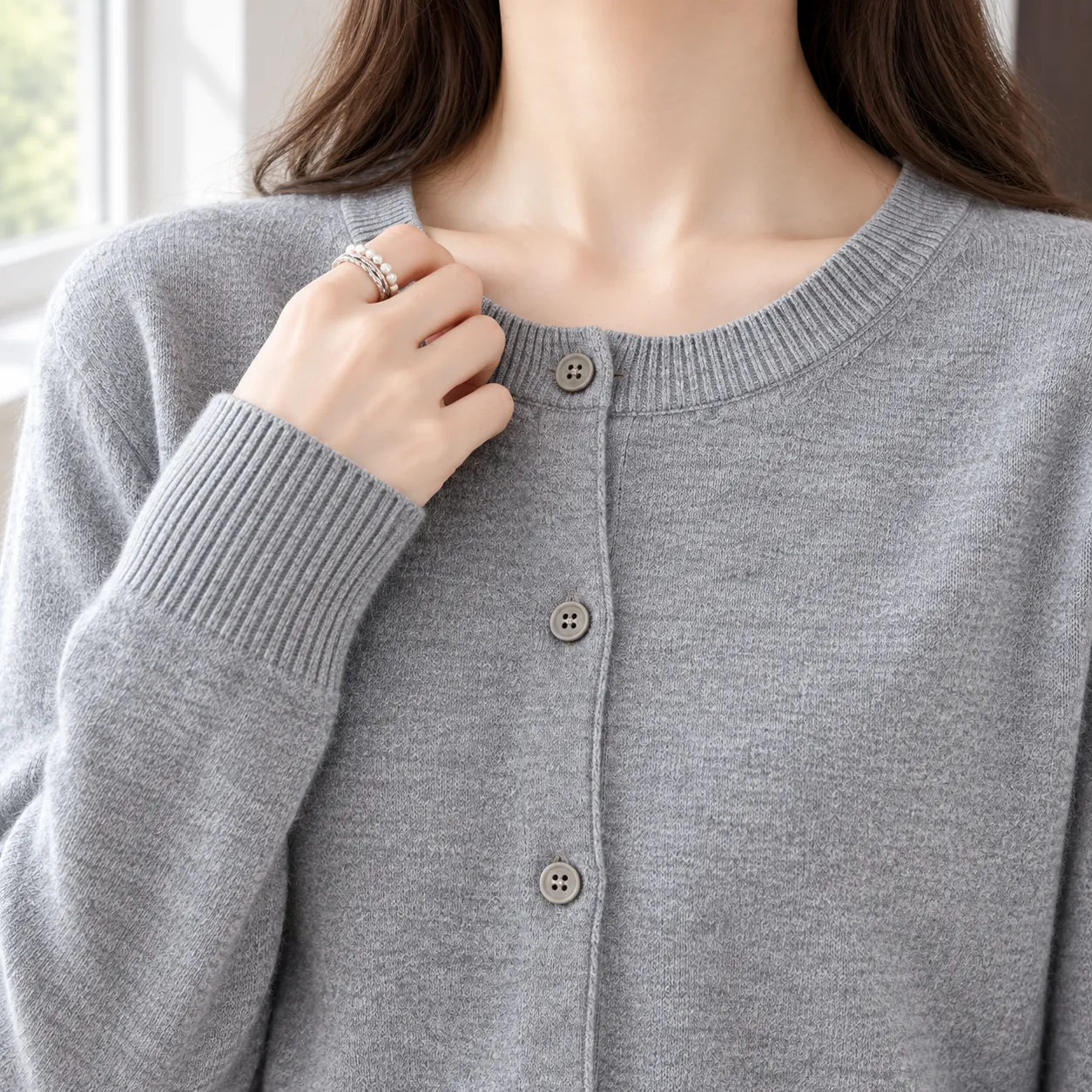 Rose medium-grey cardigan - detail view; styling accessories excluded