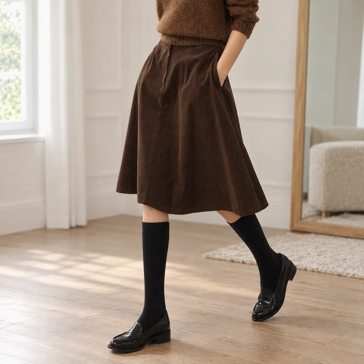 Olive Cord Skirt - lead view; other styling excluded