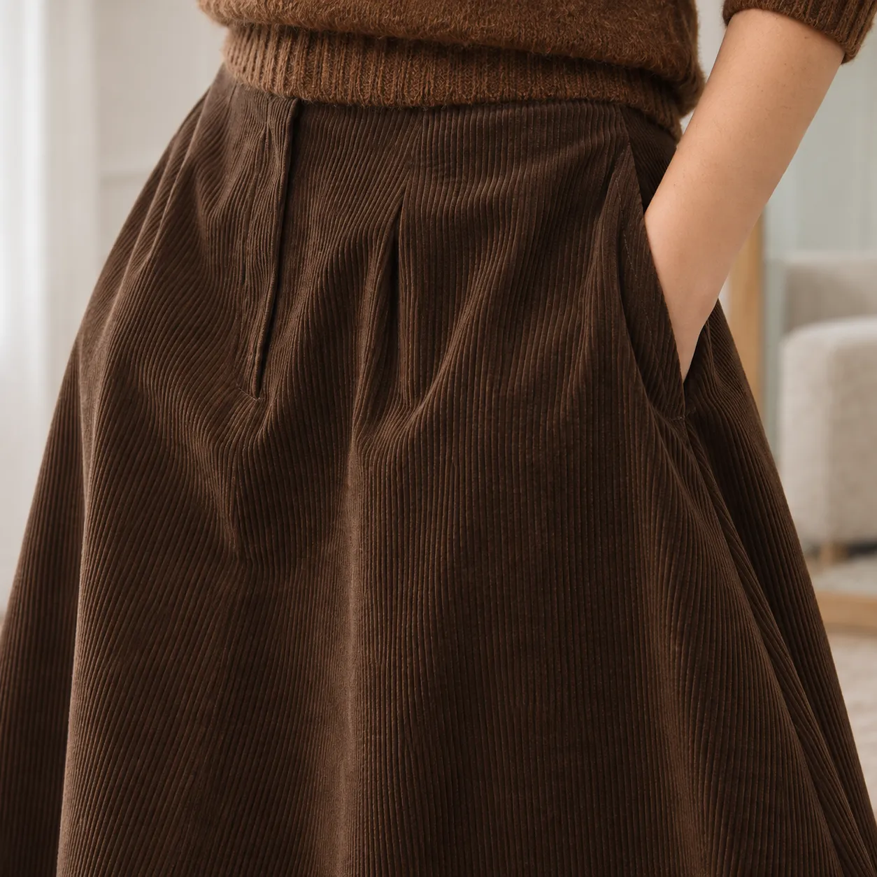 Olive Cord Skirt - detail view; other styling excluded